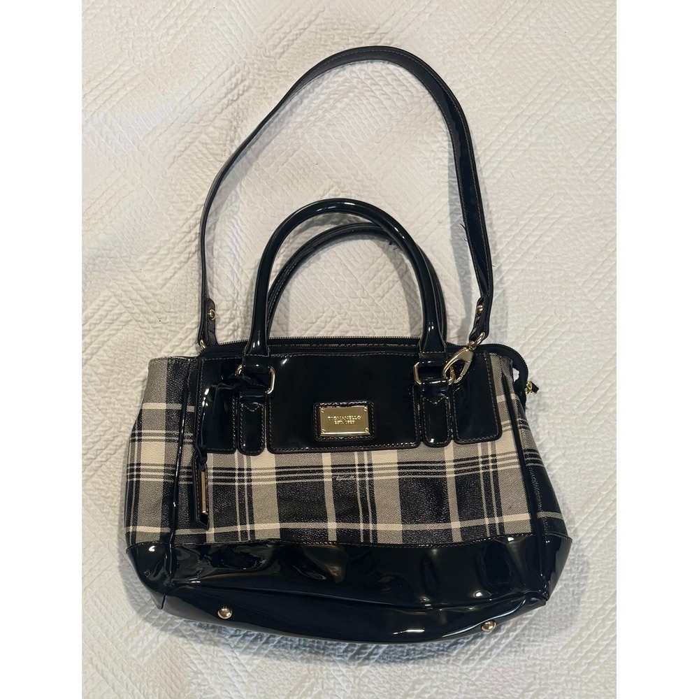 Tignanello Black Plaid Patent Leather Satchel Handbag Shoulder Social Status